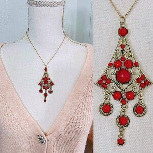 Red and Gold chandelier Victorian Pendant Necklace
